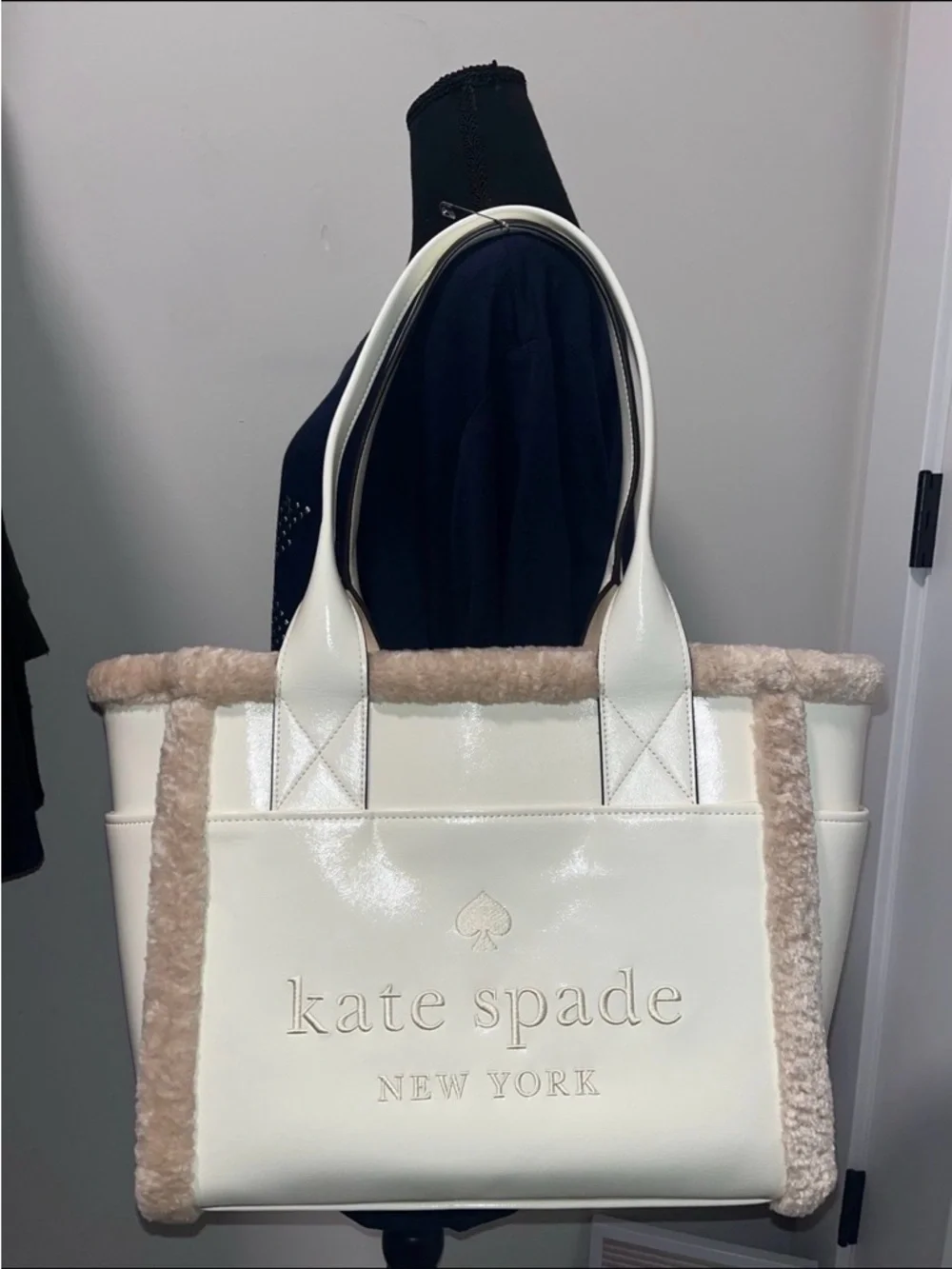 Kate Spade Large Cream Embroidered patent leather tote fur - NWT retails: $429